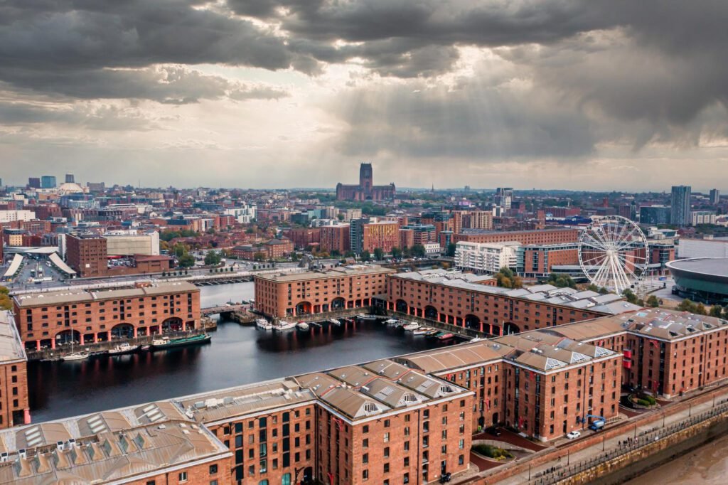 aerial view liverpool skyline including roman catholic cathedral church mersey