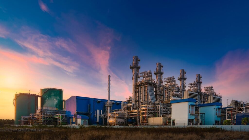 power plant industrial estate twilight natural gas combined cycle power plant turbine generator energy power plant industrial refinery oil gas twilight supply electricity